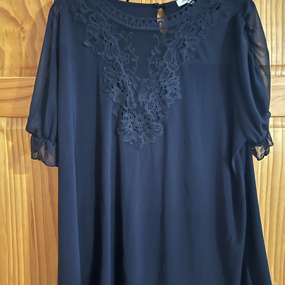 Lace-Trim Navy Blouse with Sheer Sleeves